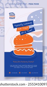 Portrait banner template for burger street food advertisement in blue white background design. Fast food advertising template