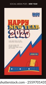 Portrait banner template design with retro 3d typography design of happy new year. new year celebration template design