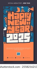 Portrait banner template with flat design in orange and blue background for new year design. new year template campaign design