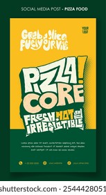 Portrait banner template in green and yellow background with typography design for pizza street food campaign. Fast food advertisement template