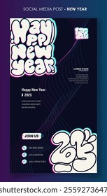 Portrait banner template with liquid typography design in black white for new year campaign. new year template design
