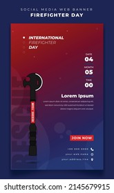 Portrait banner template in red blue background with axe vector for firefighter day design