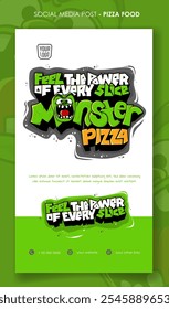 Modelo de banner de retrato com tipografia e design de mascote monstro para a campanha de comida de rua pizza. Pizza fast food publicidade design