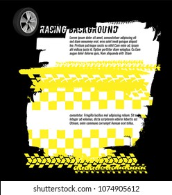 Portrait banners with grunge checkered racing elements and a copyspace. Vector illustration in black, yellow and white colours. Automotive rallying concept in modern style.