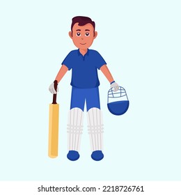 Portrait Of Batsman Standing On Pastel Blue Background.
