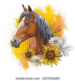 Retrato de un caballo de bahía, girasol, camomilas y hojas. Impresión de estilo dibujado a mano. Ilustración vectorial aislada en fondo blanco. Para composición de camisetas, impresión, diseño, pegatina, sublimación, decoración