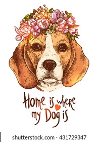 Retrato de Perro Beagle con Flor Floral y cita sobre perro y hogar. Estilo de color dibujado a mano