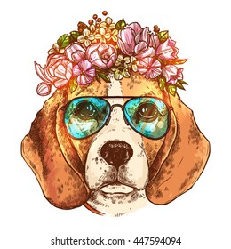 Portrait Of Beagle Dog With Flower Floral Wreath And Sunglasses. Sketch Color Hand Drawn Vintage Style. Hipster Animal