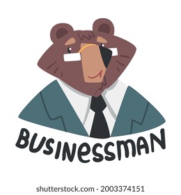 Portrait of Bear Businessman, Humanized Brown Animal Character Wearing Business Suit and Glasses Cartoon Vector Illustration