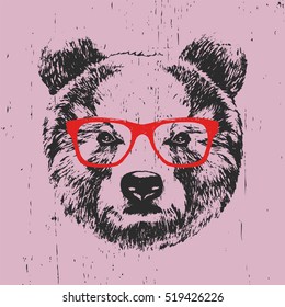 Portrait of Bear with glasses. Hand-drawn illustration. T-shirt design. Vector