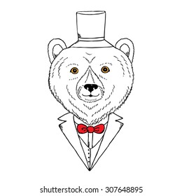 Portrait of a bear with hat and bow tie. Can be used to design for T-shirt, card, poster, invitation. Hand drawn fashion bear. Vector illustration