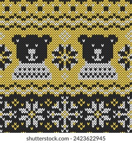 Portrait bear jacquard seamless pattern. Winter knitted style. Yellow and black color background. Creative vector illustration.