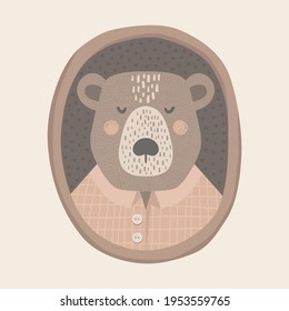 Portrait of a bear in an oval wooden frame. Plaid shirt. Polka dots background. Texture and simple shapes. Hand-drawn vector illustration in Scandinavian style. Print, cute postcard. Poster design.
