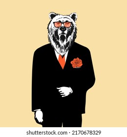 Portrait of bear in suit and sunglasses. Bodyguard. Hand-drawn illustration.