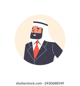 Portrait of bearded Arab man in turban wearing elegant suit with red tie. Muslim male fashion oriental businessman. Vector flat illustration of Islamic character in circle frame isolated