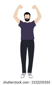 Retrato de un hombre barbudo con los brazos levantados sobre su cabeza, vector plano sobre fondo blanco, ilustración sin rostro