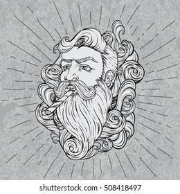 Portrait of bearded hipster with cigar in clouds of smoke and star rays on grunge background. Vector illustration good for posters, stickers, t-shirt prints and labels.