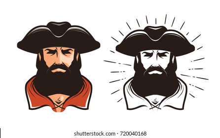 Portrait of bearded man in cocked hat. Cartoon vector illustration