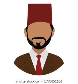 Portrait of a bearded man wearing a brown suit with red tie and a middle eastern traditional fez Diversity. Avatar for a social network. Vector flat illustration