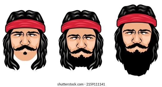 Portrait Of Bearded Men With Head Band. Man With Beard And Mustache With Head Accesories. Cartoon Vector Illustration