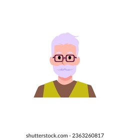 Portrait of bearded old man in glasses flat style, vector illustration isolated on white background. Decorative design element, social media avatar, aged smiling character