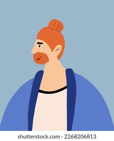 Portrait of bearded redhead man with head bun in casual outfits. Vector illustration in cartoon style. 