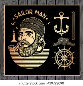 Portrait of bearded sailor with tobacco pipe. Hipster sailor man. Bearded boat captain smoking pipe.