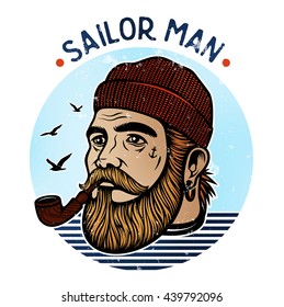 Portrait of bearded sailor with tobacco pipe. Hipster sailor man. Bearded boat captain smoking pipe.