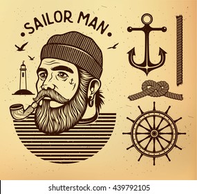 Portrait of bearded sailor with tobacco pipe. Hipster sailor man. Bearded boat captain smoking pipe.