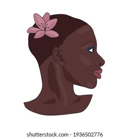 Portrait of beautiful african american girl. Young elegant black woman head profile with short hair, make up and pink lilly or magnolia flower, isolated on a white background. Beauty, fashion concept