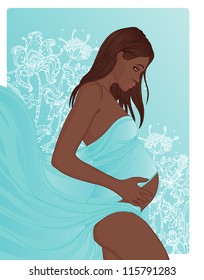 Portrait of a beautiful african american pregnant woman in flowers on the background