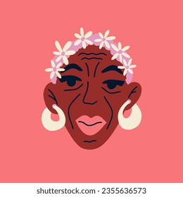 Portrait beautiful African american senior woman with chamomile. Avatar of African old female character isolated on background. Mental health. Vector for postcards, posters, social network.