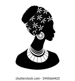 Portrait of a beautiful African American woman in profile. Black and white tones. Vector illustration.