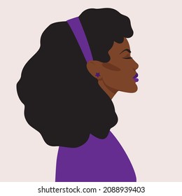 Portrait of a beautiful African American woman with curly dark hair. Close-up female portrait. Single person illustration on flat style.