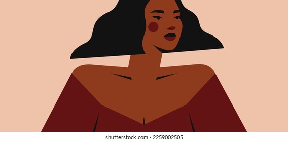 Portrait of beautiful african american woman in the red dress. Female person with brown skin and curly hair. Strong and brave girl for International Women's day. Vector illustration