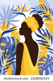 Portrait of beautiful African American woman. Silhouette of girl in traditional clothes among tropical leaves or plants. Colorful modern art for wall decoration. Cartoon flat vector illustration