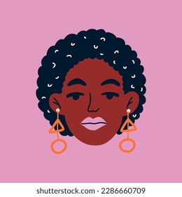 Portrait of a beautiful african american woman with curly hair and jewelry in ears. Avatar of african female character isolated on background. Vector cartoon illustration. Avatar for social network.