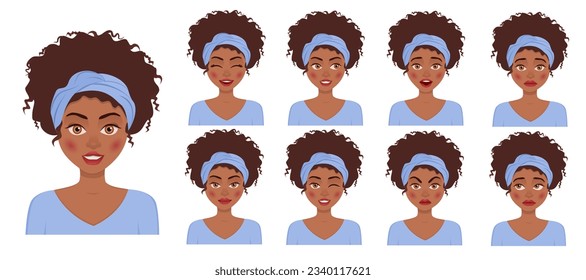 Retrato de una hermosa mujer afroamericana con diferentes emociones faciales aisladas en un fondo blanco. Muchacha sonriendo, sorprendida, feliz, sonriente, amable, enojada emoción. Carácter vector.