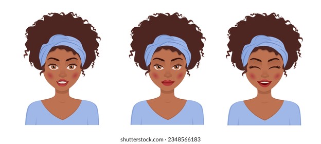 Portrait of a beautiful African American woman with different facial emotions isolated on white background. Young girl smiling,  emotions. Vector character.