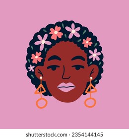 Portrait of a beautiful african american woman with daisies in hair. Avatar of african female character isolated on background. Flat vector cartoon illustration. Avatar for social network.