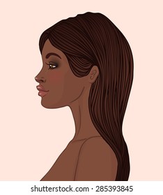 Portrait of beautiful African American woman with long hair (profile view)