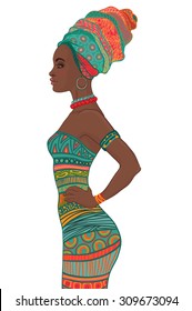 Portrait Of Beautiful African American Woman In Turban And Sexy Bandage Dress (profile View)