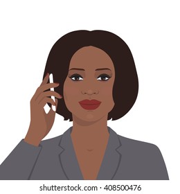 Portrait of beautiful african american woman talking on the mobile phone. Vector illustration. Technology and communication. Flat design.