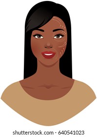 Portrait of a beautiful African American woman with a plastic surgeon pattern on her face stock vector illustration