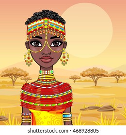 Portrait of a beautiful African girl in ancient clothes. A background - the African savanna. Vector illustration.