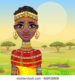 Portrait of a beautiful African girl in ancient clothes. A background - the African savanna. Vector illustration.