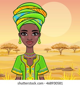 Portrait of a beautiful African girl in ancient clothes. A background - the African savanna. Vector illustration.