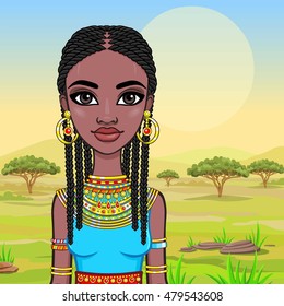 Portrait of a beautiful African girl in ancient clothes. A background - the African savanna. Vector illustration.