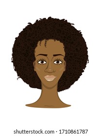 Portrait of a beautiful african girl with curly hairstyle. Fashionable haircut. Round hairstyle. Fashionista. Face without makeup. Natural beauty. Vector and illustration.