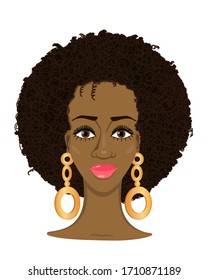 
Portrait of a beautiful african girl with curly hairstyle and golden earrings. Fashion haircut. Face with evening make-up. Bright lips. Round hairstyle. Vector and illustration.